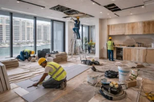 SmartCities Building Contracting LLC fit out team working on Dubai Marina project