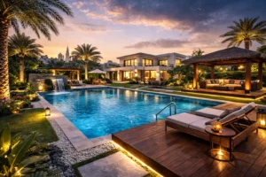 Swimming pool landscaping with wooden decking in Dubai villa