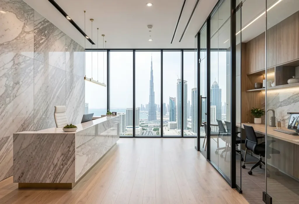 luxury office fit out downtown dubai modern workspace skyline view