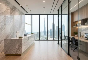 luxury office fit out downtown dubai modern workspace skyline view