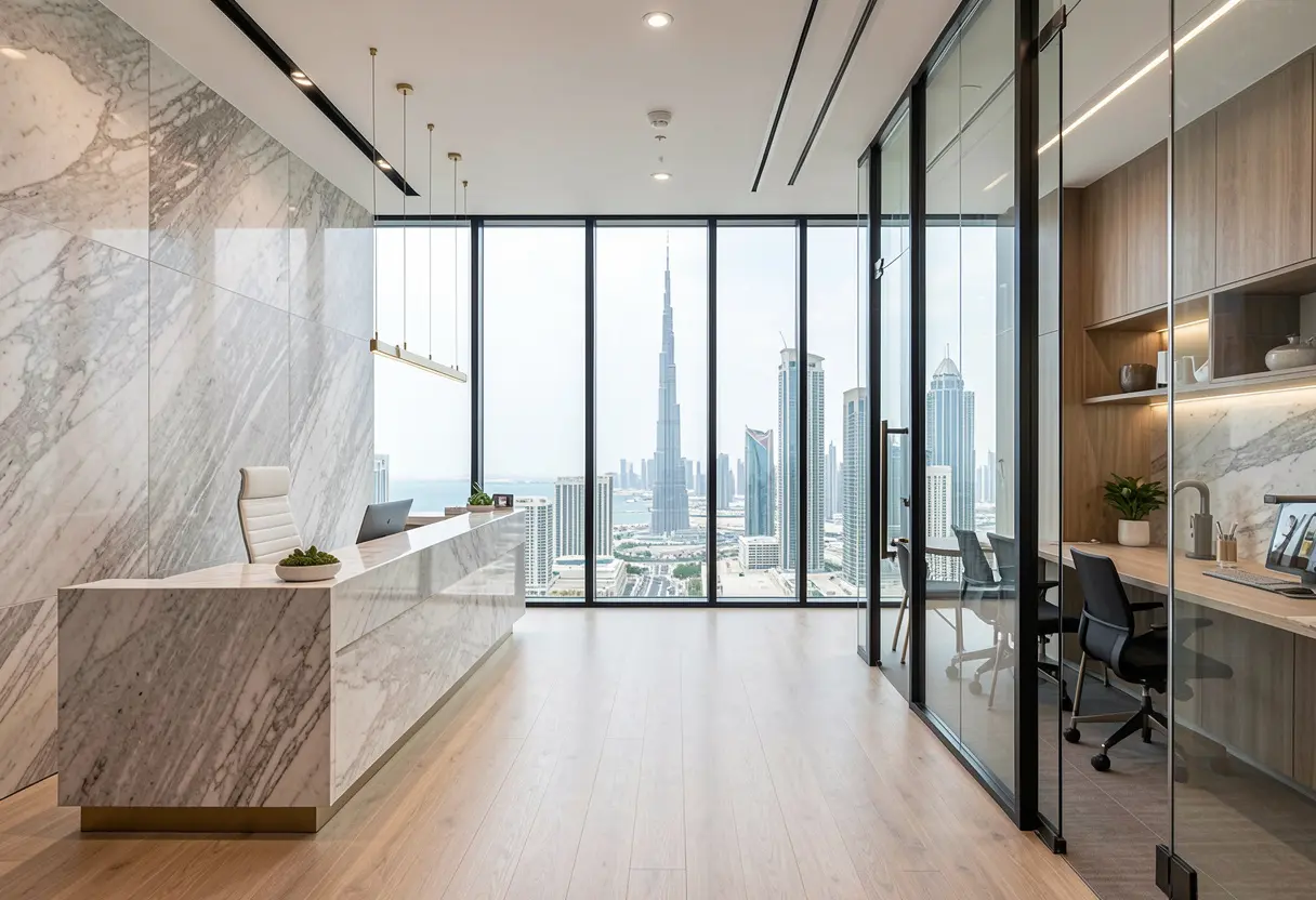 luxury office fit out downtown dubai modern workspace skyline view