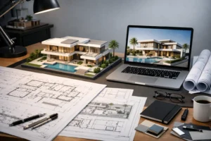 Luxury villa construction project in Dubai with modern architecture