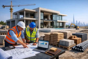 villa construction cost planning in Dubai with blueprint and materials